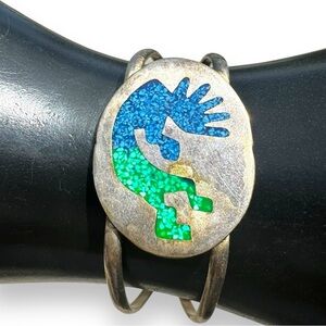 Vintage Alpaca Kokopelli Turquoise Silver Cuff Bracelet